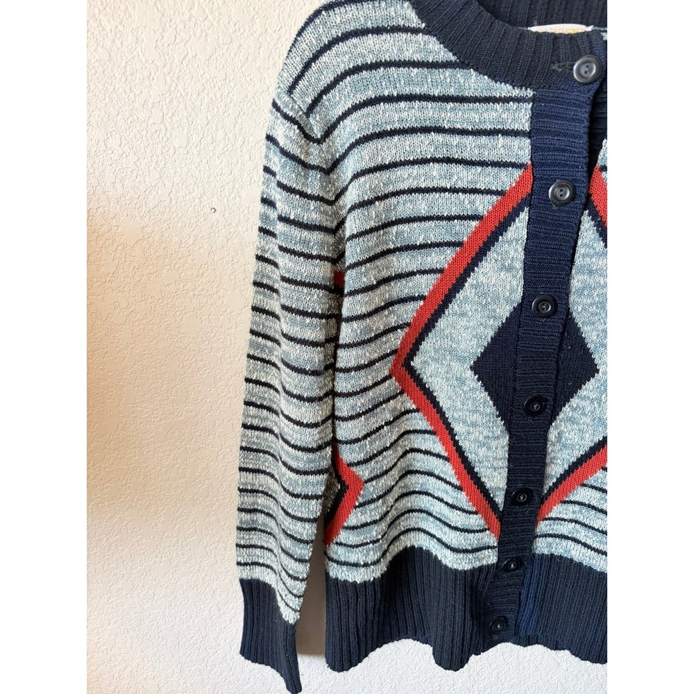 Vintage Full Fashioned Diamond Stripe M Cardigan Sweater Navy Blue Red Womens - Picture 4 of 7